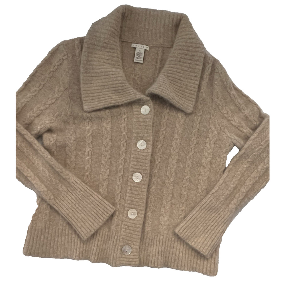 VNTG TWEEDS XL Beige Cable Knit Angora Rabbit, Lambs Wool, Blend Cardigan LUXURY